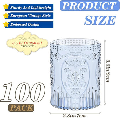 Qinyoung 100 Plastic Vintage Drinking Glasses 8.5oz Stemless Retro Embossed - Image 2