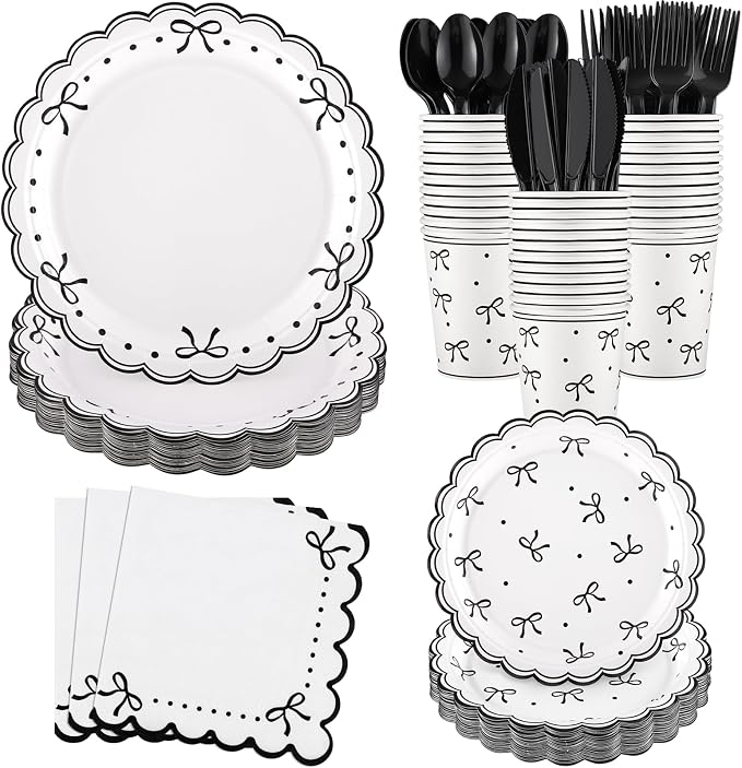 Natnarr 25 Set Black Bow Birthday Decorations Cute Bow Plates Napkins Set | 9" by NatNarr