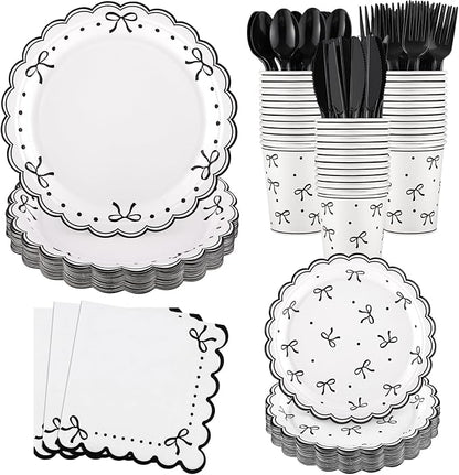 Natnarr 25 Set Black Bow Birthday Decorations Cute Bow Plates Napkins Set | 9" by NatNarr