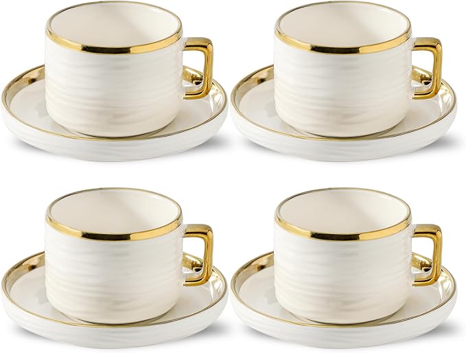 LETAOTAO Cappuccino Cups with Saucers, Coffee Mugs with Gold Trim Set of 4 | by LETAOTAO