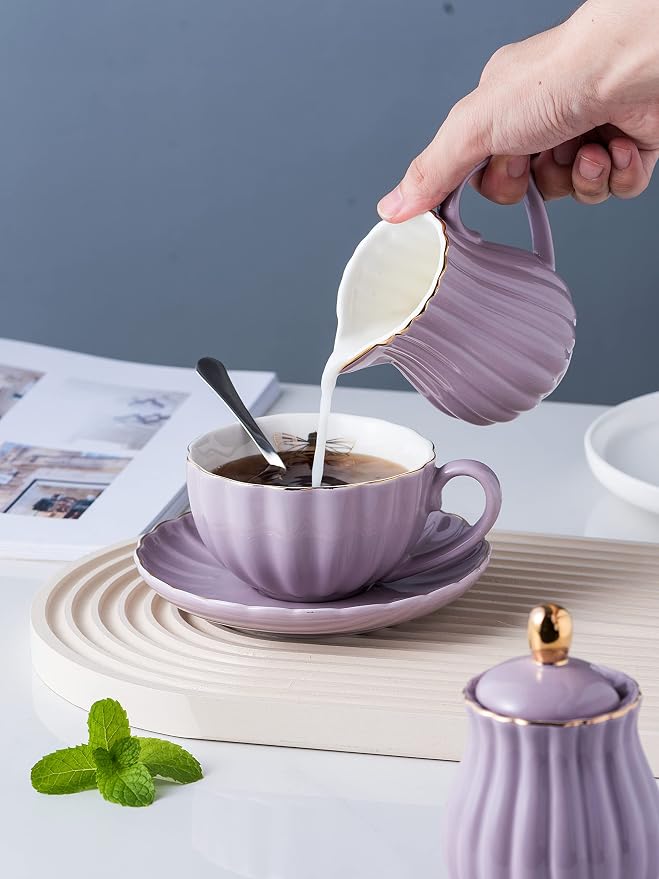 Jusalpha Serve for 6- Fine China Pink Coffee Cup/Teacup Set, 8 OZ Cups& Saucer - Image 7