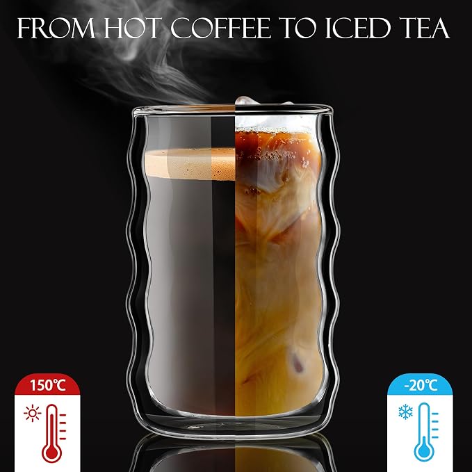 Joeyan 14.5oz Double Wall Glass Tumbler, Wave Shape Insulated Thermal Glass Cups - Image 3