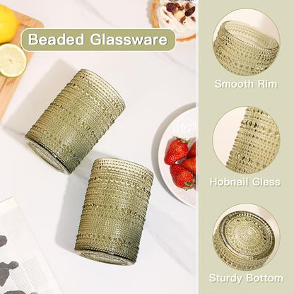 JOVGANK Green Vintage Hobnail Drinking Glasses Set of 6, Water Tumbler 15oz - Image 3