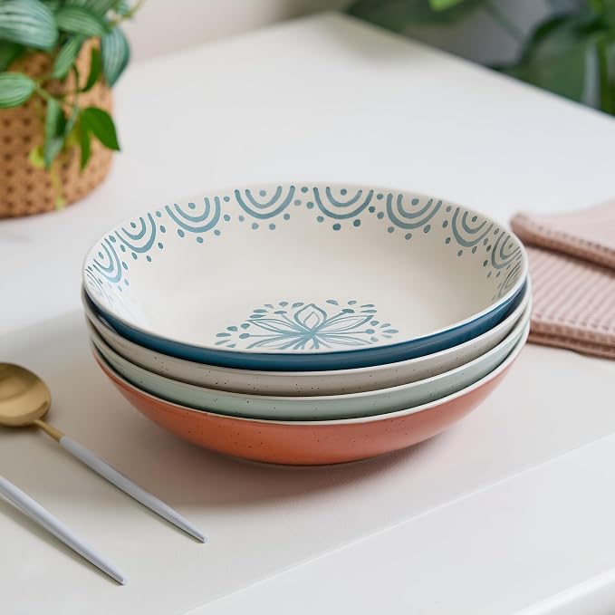 Sango 4-Piece Speckled Stoneware Pasta Bowl Set- Wide Shallow Dinner Bowls - Image 5