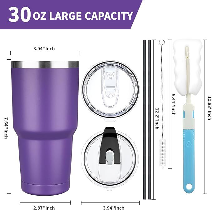 30 oz Tumbler with Lids and Straws, Stainless Steel Insulated Coffee Tumbler - Image 2