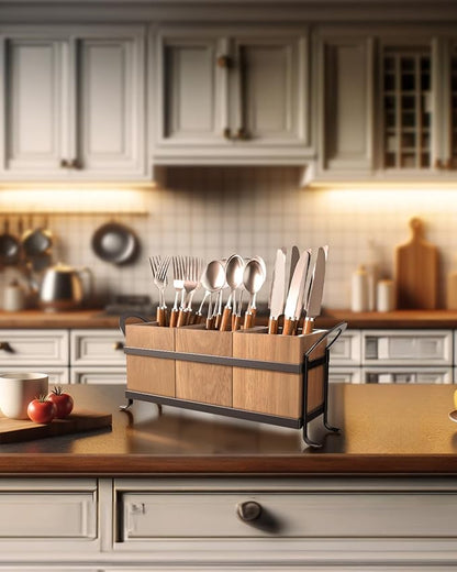 Utensil Holder for Party - Silverware Caddy with Three Compartments, Detachable, Portable Handle, Stylish Cutlery Holder for Countertop and Outdoor Use