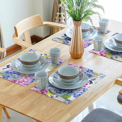 Hydrangea Placemats Set of 4 - Floral Place Mats 12 x 18 Inch Pink Purple Hydrangea Flower Table Mats Spring Summer Butterflies Placemats for Dining Kitchen Party Farmhouse
