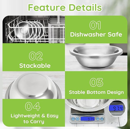 304(18/8) Stainless Steel Mixing Bowls for Kitchen, 4 Pack 7" 21.22 fl.oz Metal Mixing Bowls Set Stackable for Baking Serving Cooking Food Prep Storage Dishwasher Safe Lightweight