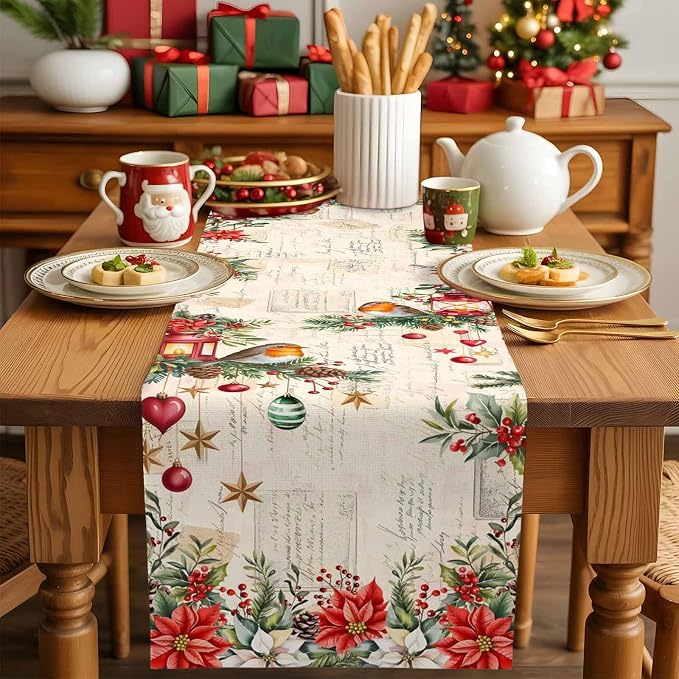 Christmas Poinsettia Table Runner 36 Inches Long, Winter Xmas Balls Birds Table - Image 5