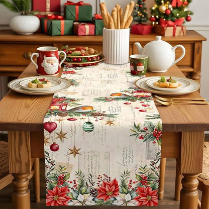 Christmas Poinsettia Table Runner 70 Inches Long, Winter Xmas Balls Birds Table - Image 5