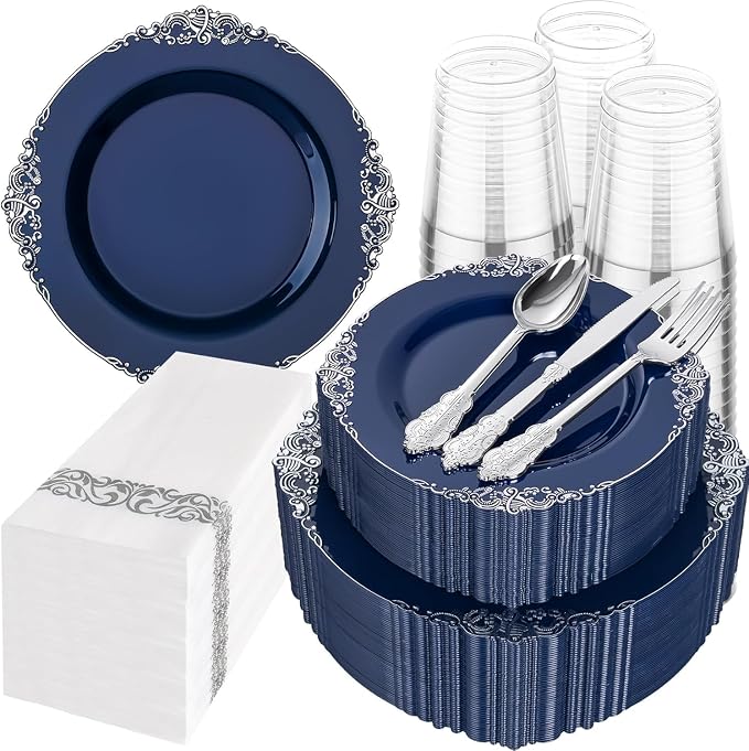 350 Pcs Blue Silver Plates for Graduation | Blue Party Plates Set for 50 Guests by Hioasis