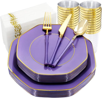 KIRE 140Pcs Purple Plates with Gold Rim by KIRE