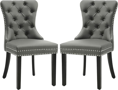 KCC Faux Leather Dining Chairs Set of 2, Upholstered High-end Tufted Dining Room Chair with Nailhead Back Ring Pull Trim Solid Wood Legs, Contemporary Nikki Collection Modern Style for Kitchen, Gray