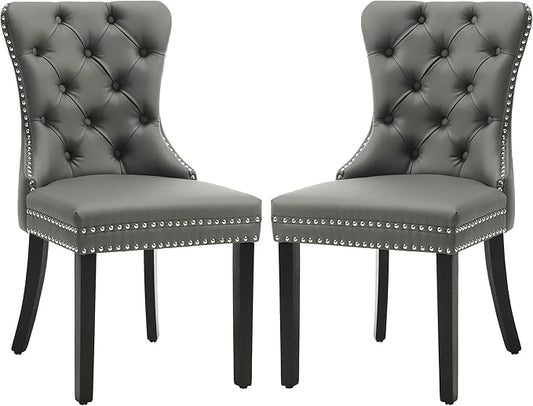 KCC Faux Leather Dining Chairs Set of 2, Upholstered High-end Tufted Dining Room Chair with Nailhead Back Ring Pull Trim Solid Wood Legs, Contemporary Nikki Collection Modern Style for Kitchen, Gray