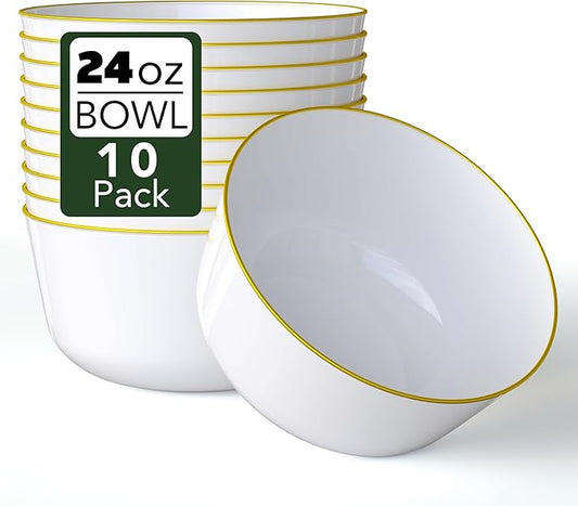 Trendables 24 oz Plastic Bowls Set - Fancy Serving Bowls - Perfect for Ice Cream, Salad, Candy - Disposable (10, White Gold Rimmed)