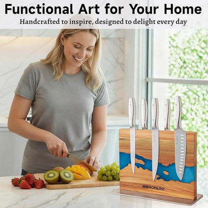 Resin River Magnetic Knife Block with Steel Base, Double-Sided Acacia Wood Knife Holder for Chef Knives, Modern Kitchen Organizer
