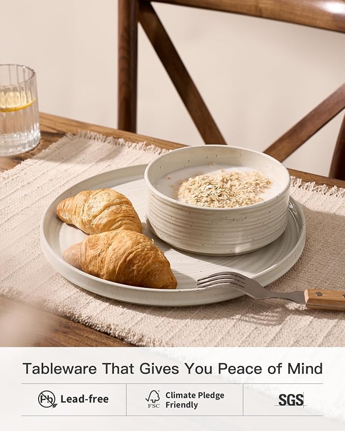 Stoneware Dinnerware Sets for 6, Reactive Glaze Plates & Bowls, Shell Beige | - Image 3