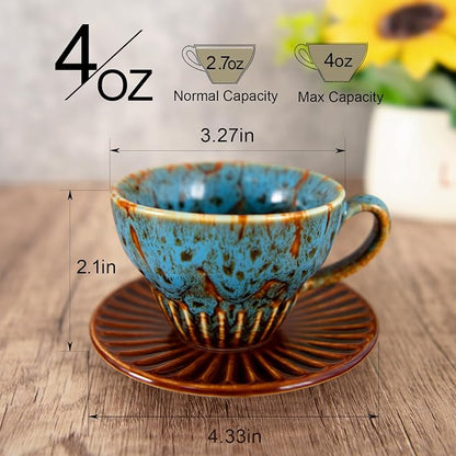 4 oz Espresso Cups and Saucers Set of 2, Ceramic Tea Cup - Image 2