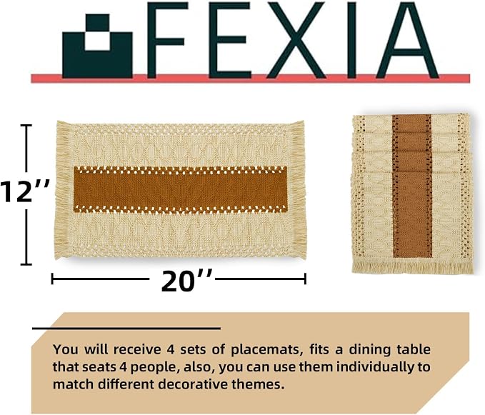 Boho Placemats Set of 4 Table Mats Farmhouse Dining Decor Caramel | 12x20" - Image 2
