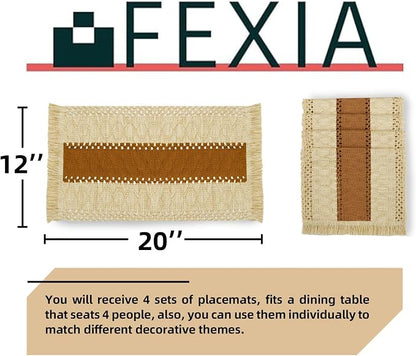 Boho Placemats Set of 4 Table Mats Farmhouse Dining Decor Caramel | 12x20" - Image 2