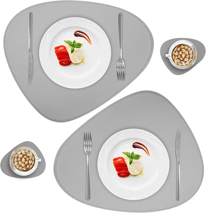 Faux Leather Placemats and Coasters Set of 2, Round Leather for Dinner Table Mats Heat Resistant Non-Slip Insulation Coffee Mats Kitchen Place Mats Nordic Style (Light Gray, 2 Placemats+2 Coasters)