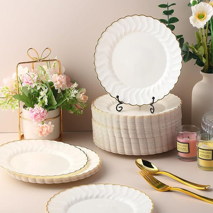 Mifoci 200 Pcs 7.5 Inch Ivory with Gold Rim Plastic Disposable Plates Bulk Salad Dessert Appetizer Cake Plates Elegant Fancy Plastic Tableware for Party Holiday, Wedding, Catering Table Decoration