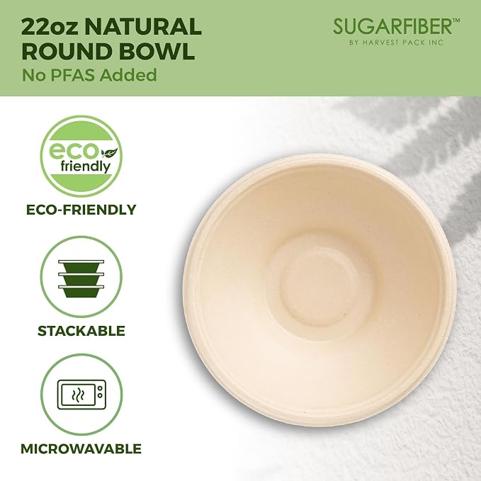 Sugarfiber by Harvest 22oz Round Compostable Bowls PFAS Free - Image 3