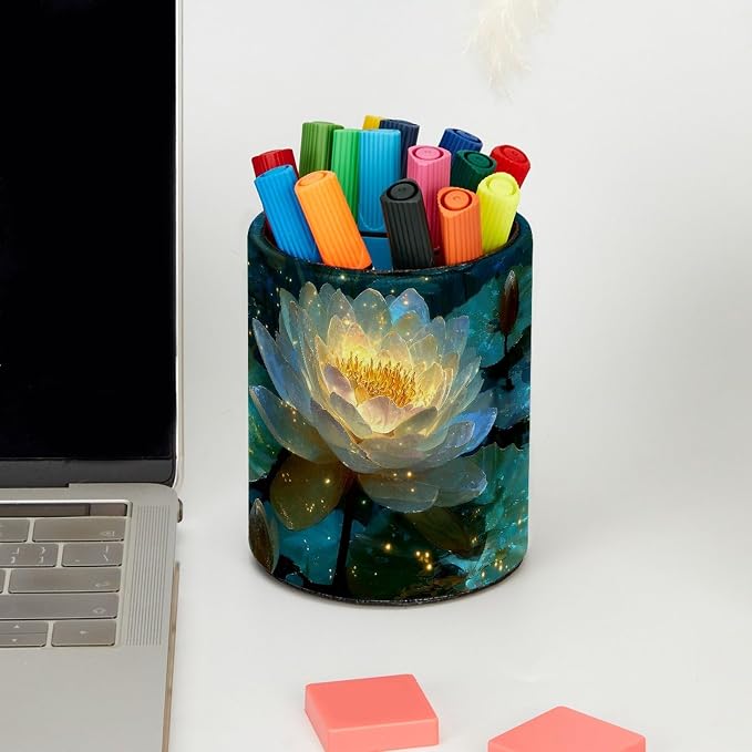 Leather Pen Holder for Desk, Water Lilies Pencil Cup Pen Organizer Makeup Brush - Image 5