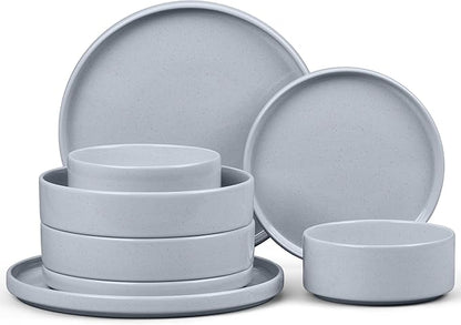E-far 8-Piece Plates and Bowls Sets - Stoneware Dinnerware Sets with Pasta Bowls for 2 | Microwave & Dishwasher Safe Kitchen Modern Dish Set, Speckled Gray