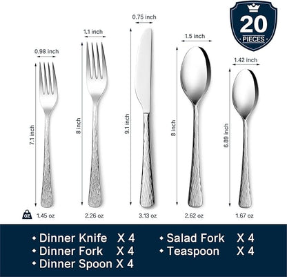 KINGSTONE Hammered Silverware Set, 20-Piece Flatware Set, 18/10 Stainless Steel Premium Cutlery with Unique Ripple Handles Design Mirror Polished - Dishwasher Safe