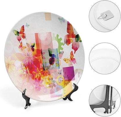 Decorative Plates, Abstract Print Ornament, Natural Design Flowers Leaves Squares Rounds, 10 Inch, 1 Plate with 1 Display Stand, Multicolor