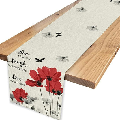 Red Daisy Table Runner, Boho Farmhouse Spring Summer Floral Flower Butterfly - Image 4