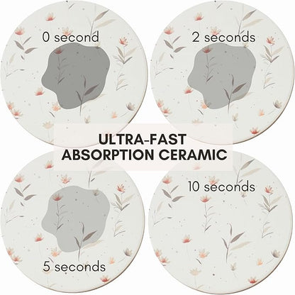 Ceramic Absorbent Coasters Set of 6 with Holder, Marble Drink Coasters for Coffee Table, Water-Absorbing Stone Coasters (Flowers Floral Design)