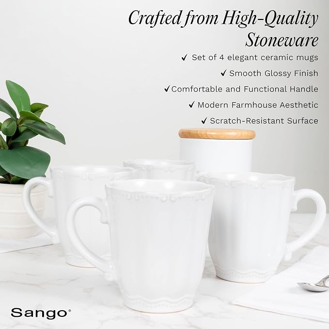 SANGO Bethany White Mugs Set of 4, 15 oz Stoneware White Coffee Mugs, Vibrant - Image 6