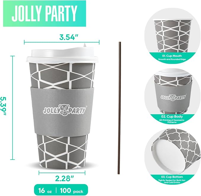 JOLLY PARTY 16 oz Paper Coffee Cups, Disposable Coffee Cups - Image 2