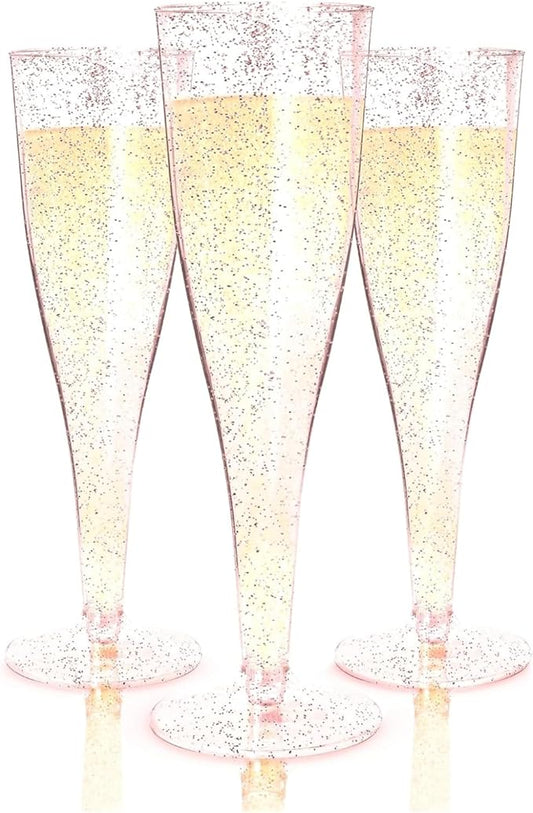 Prestee 24 Piece Plastic Champagne Flutes - 4.5 oz Plastic Wine Glasses with Rose Gold Glitter - Cocktail Glasses for Parties - Party Supplies for Mimosa Bar, Wedding, Shower Party and New Years Eve
