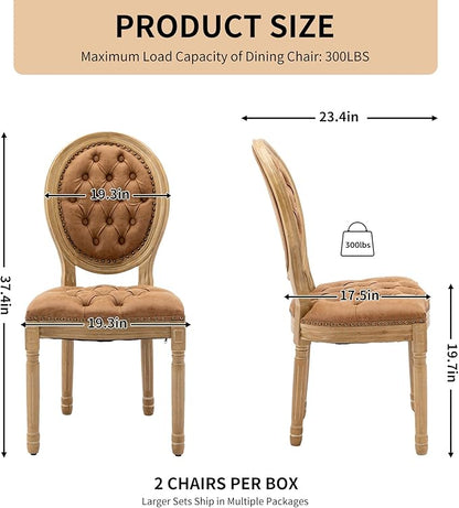 Vintage French Dining Chairs Set of 2, Round Back PU Leather Upholstered Accent Chairs with Nailhead Trim and Solid Wood Frame, Farmhouse Sillas de Comedor for Dining Room & Kitchen, Whiskey Brown