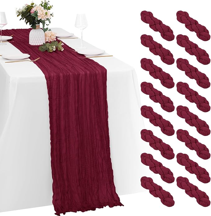 16 Pack Burgundy Cheesecloth Table Runners 20x120 Inch Gauze Table Runner 10FT by Yorcari