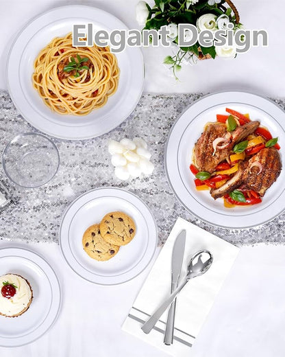 GATHER 700PCS Silver Plastic Plates - Silver Disposable Dinnerware Sets 100 Guest Include 200 Plates, 300 Silverware, 100 Napkins, 100 Cups For Wedding & Party