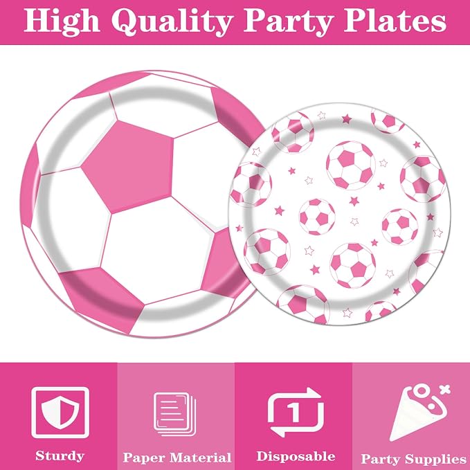 Rakuto Pink Soccer Party Decorations 96PCS Plates Napkins Set | Pink Soccer - Image 4