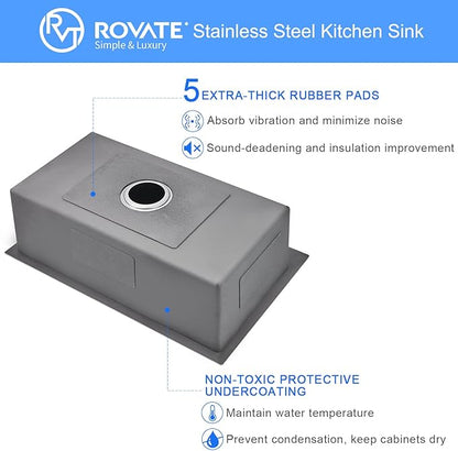 ROVATE 28 ×18 Inch Drop-in Kitchen Sink 304 Stainless Steel Single Bowl, Handmade 18 Gauge 9 Inches Deep Kitchen Sink Topmount with Basket Strainer
