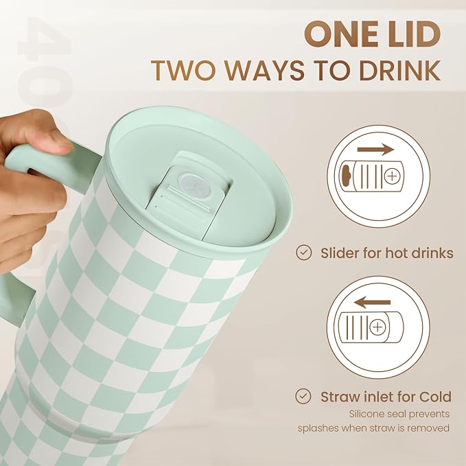Checkered Tumbler with Handle 40oz, Mint Checker Cup Stainless Steel Insulated - Image 5