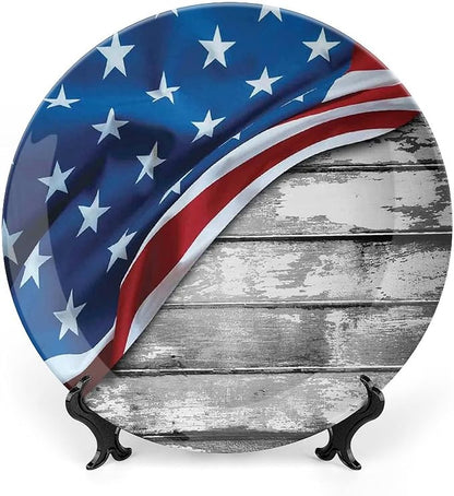 Decorative Plates, American Flag Decor Print Ornament, Flag Over Antique Rustic Rippled Board, 7 Inch, 1 Plate with 1 Display Stand, Grey Navy