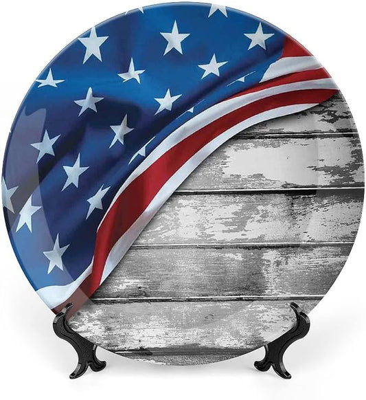 Decorative Plates, American Flag Decor Print Ornament, Flag Over Antique Rustic Rippled Board, 7 Inch, 1 Plate with 1 Display Stand, Grey Navy
