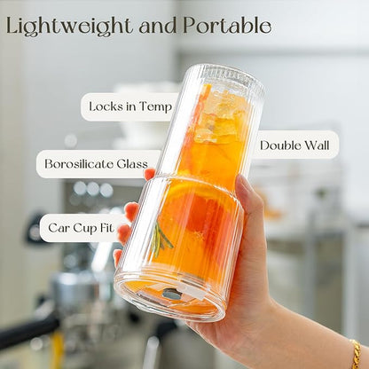 KEMORELA Iced Coffee Cups with Lids 20oz Ribbed Double Wall Glass Cups with - Image 4