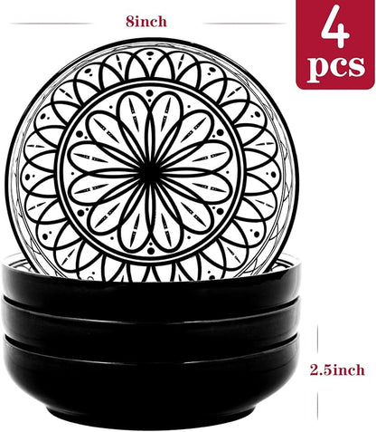 Yundu 38 Ounce Pasta Bowl Set of 4, Large Salad Serving Porcelain Bowls, Microwave Dishwasher Safe, Black