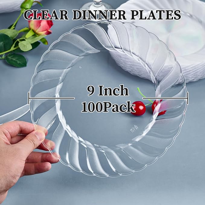 FOCUSLINE 100 Count Clear Plastic Plates 9 Inch, Disposable Heavy Duty Dinner - Image 3