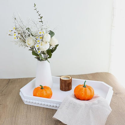 White Wood Serving Tray with Beads, Farmhouse Decorative Tray for Table Centerpiece, Christmas Wedding Halloween Home Decor