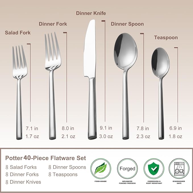 Alata Potter 40-Piece Forged Silverware Set Stainless Steel Flatware Set - Image 5