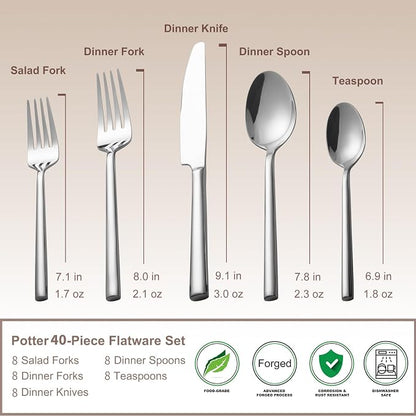 Alata Potter 40-Piece Forged Silverware Set Stainless Steel Flatware Set - Image 5